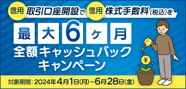 信用取引口座開設で株式手数料（信用）が最大6ヶ月間全額キャッシュバック！（実質無料）
※株式取引手数料（信用）のキャッシュバック金額の上限は50万円です。