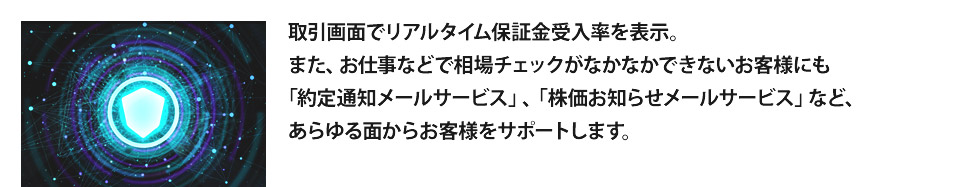 岩井コスモでは、ポピュラーな「逆指値注文」「逆指値＋通常注文」に加え、 「IFD注文」「IFDO注文」までカバー。   お仕事などで相場チェックがなかなかできないトレーダーを力強くサポートします。    また、リアルタイムでの保証金受入率を表示する機能、約定通知メールサービス、  株価お知らせメールサービスなど、あらゆる面からお客様をサポートします。