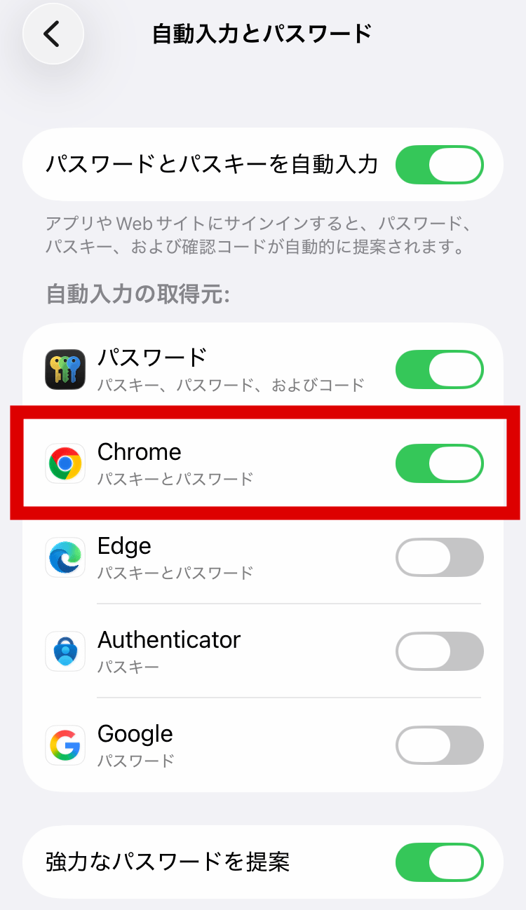 iPhoneの自動入力とパスワード画面でChromeをオンにする例