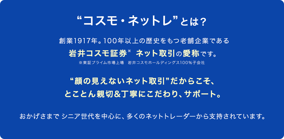 “コスモ・ネットレ”とは？創業1917年。100年以上の歴史をもつ老舗企業である岩井コスモ証券※　ネット取引の愛称です。※東証プライム市場上場  岩井コスモホールディングス100％子会社  “顔の見えないネット取引”だからこそ、とことん親切&丁寧にこだわり、サポート。おかげさまでシニア世代を中心に、多くのネットトレーダーから支持されています。